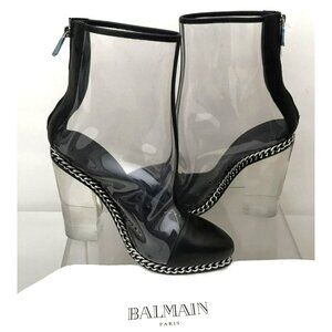 BALMAIN Dax Clear Booties Chain Captoe Noir Sz 38 US 8 Lucite Heel